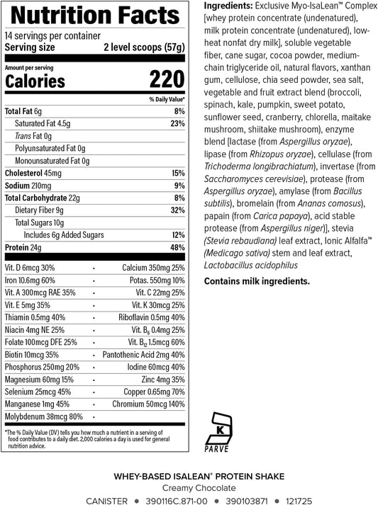 IsaLean Protein Shake - Complete Nutrition for Maintaining Healthy Weight & Lean Muscle Growth Enhanced with MCT Oil - 24 Vitamins & Minerals - 28.1 oz - 14 Meal Canister - Creamy Chocolate