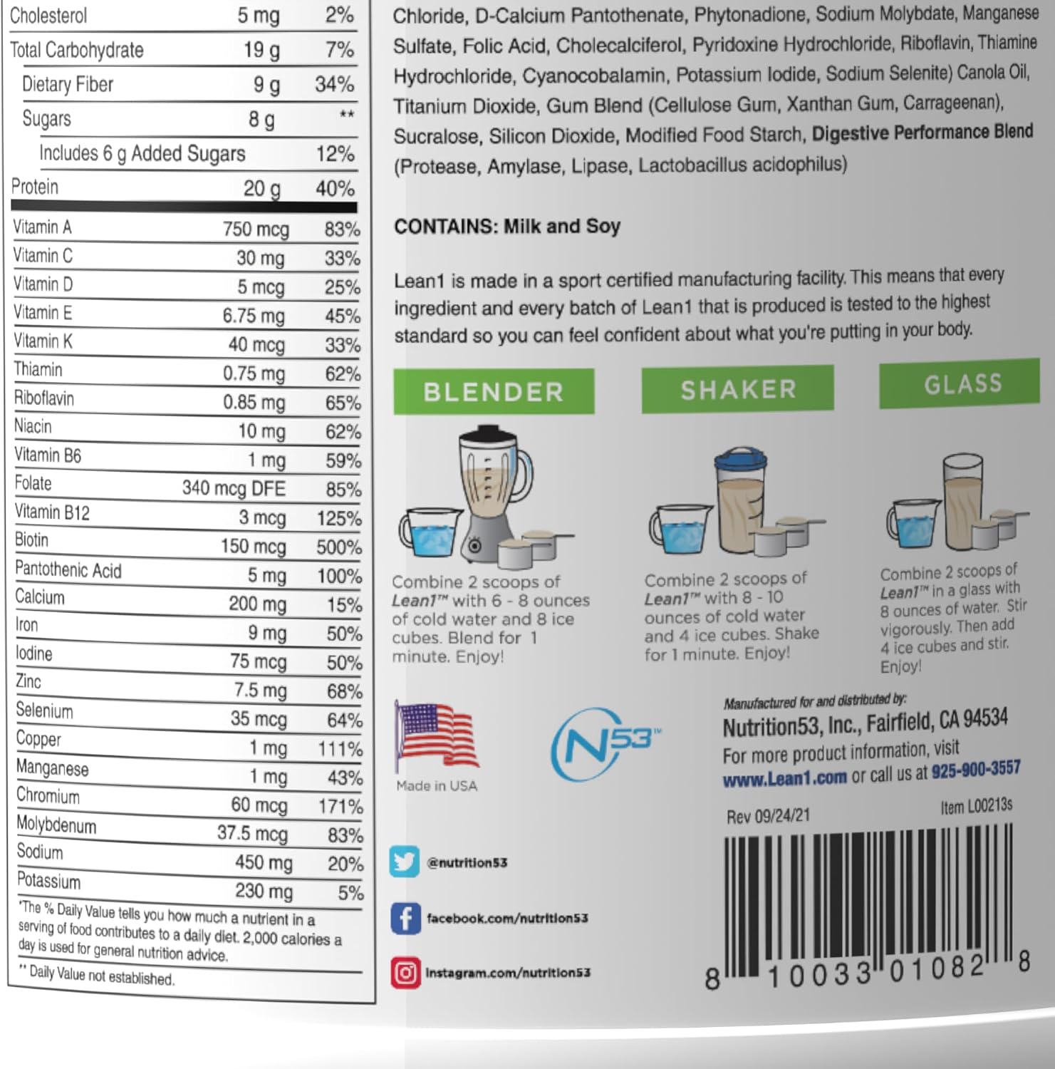 Lean1 Vanilla, Meal Replacement Protein Shake, 15 Serving Tub
