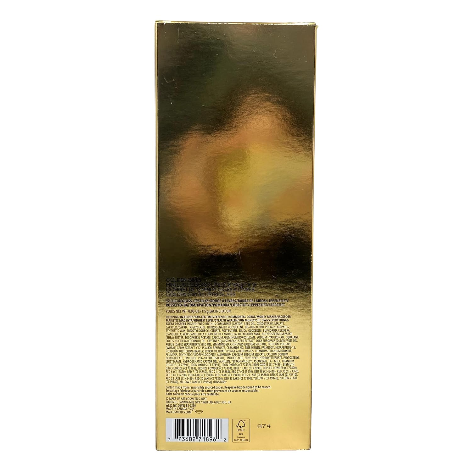 MAC Cosmetics Limited Edition Golden Girls Miniature Lustreglass Lipstick Vault x 12 - Vault and 12 Mini Lipsticks - Travel Size