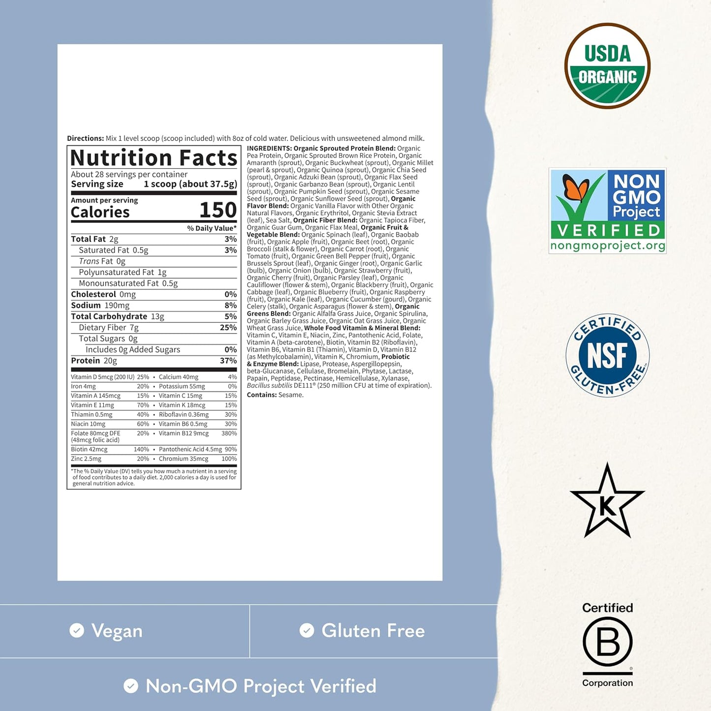 Garden of Life Meal Replacement Shakes, Vegan Raw Organic Protein Powder, Vanilla Protein Powder with Plant Based Pea Protein, Sprouts, Greens, Probiotics, Dairy Free 28 Servings
